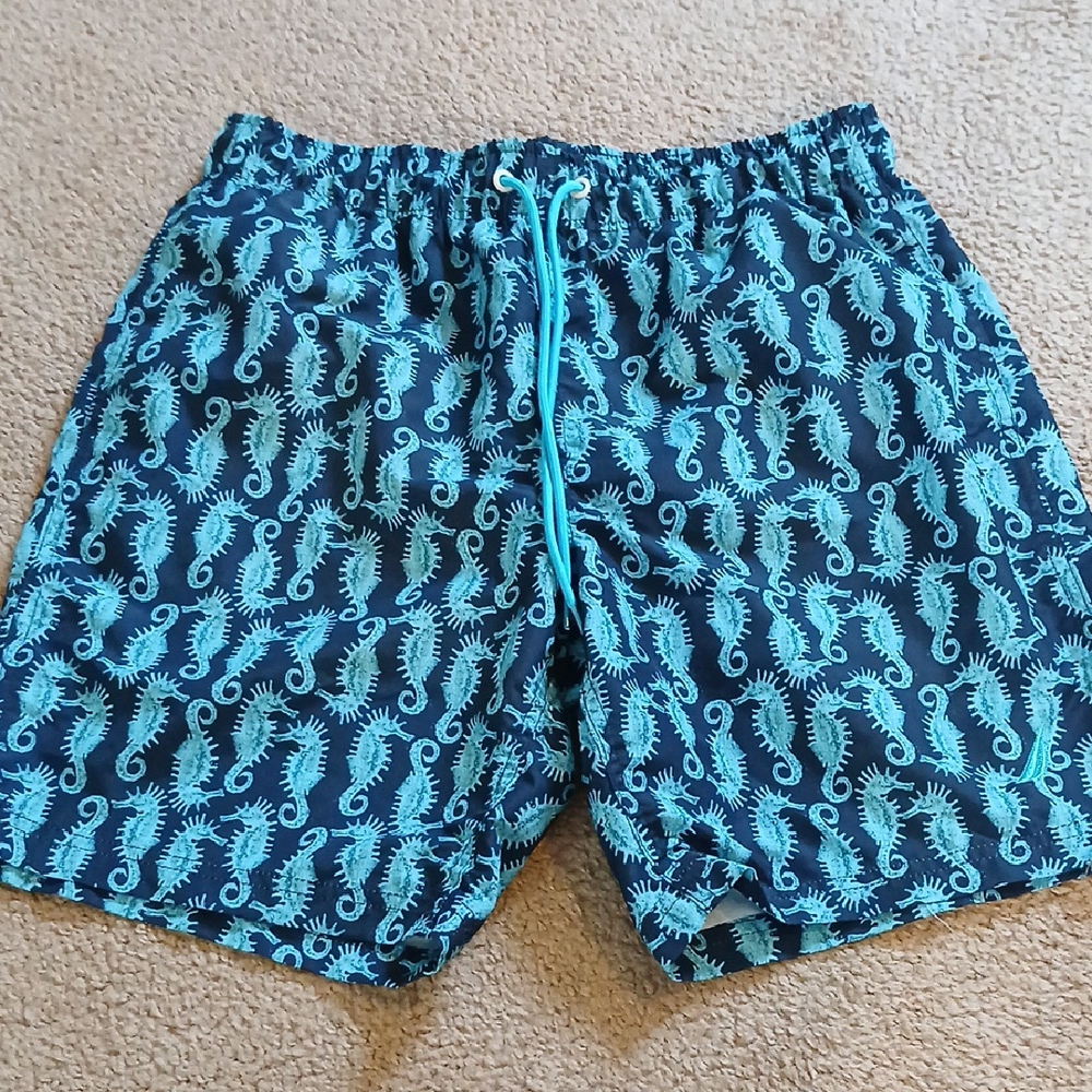 Nautica Navy and Teal Seahorse Swim Trunks